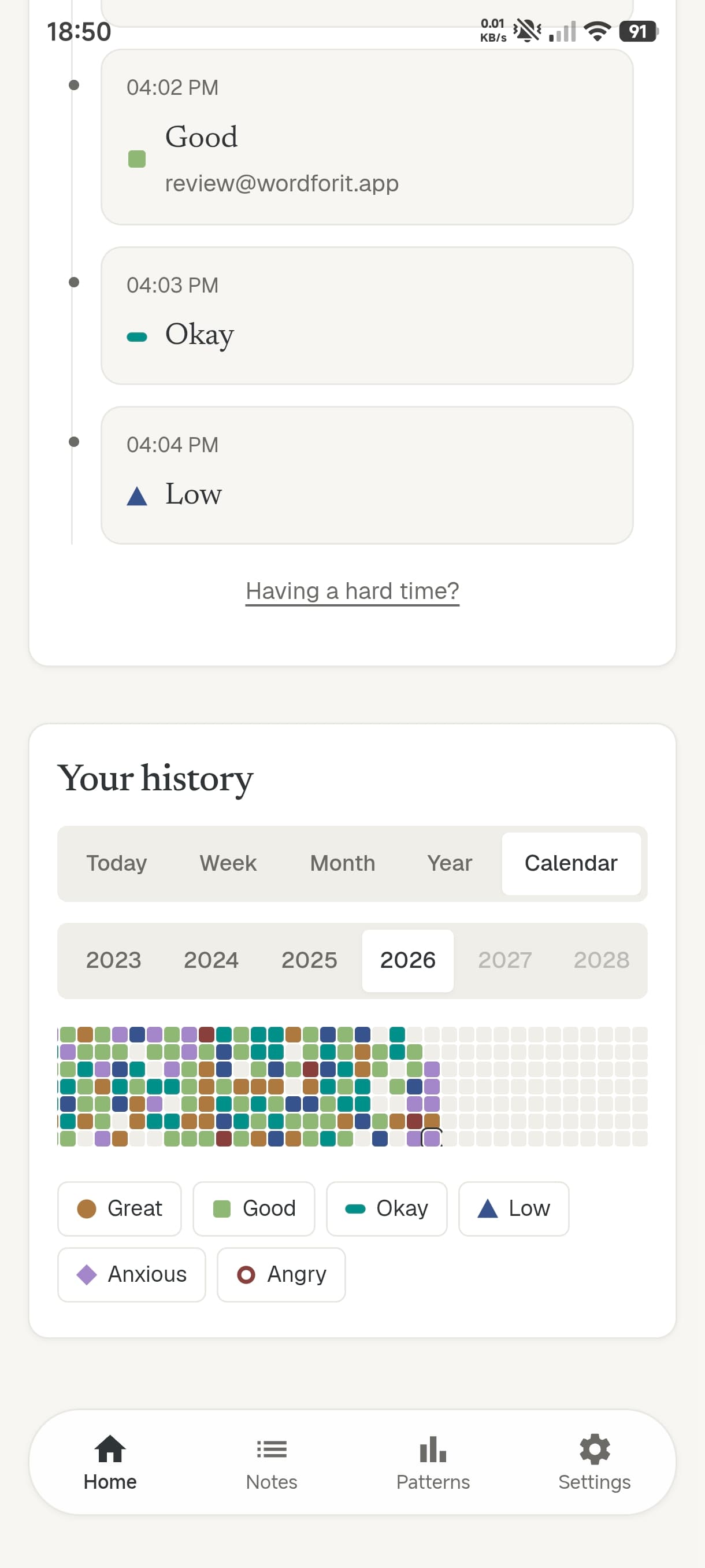 History calendar showing a year of colour coded mood check ins