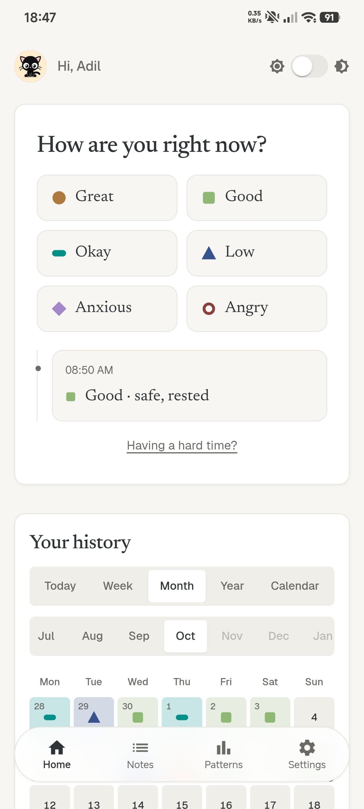 word for it home screen asking how are you right now, with six mood options